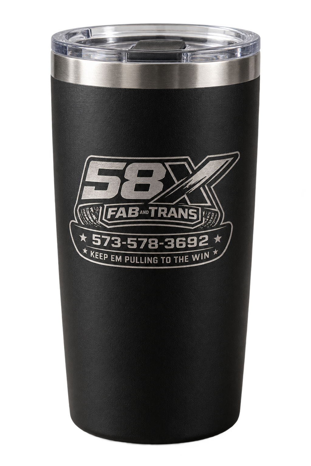 Example only: black 20 oz tumbler with a silver engraved-look 58X Fab and Trans logo