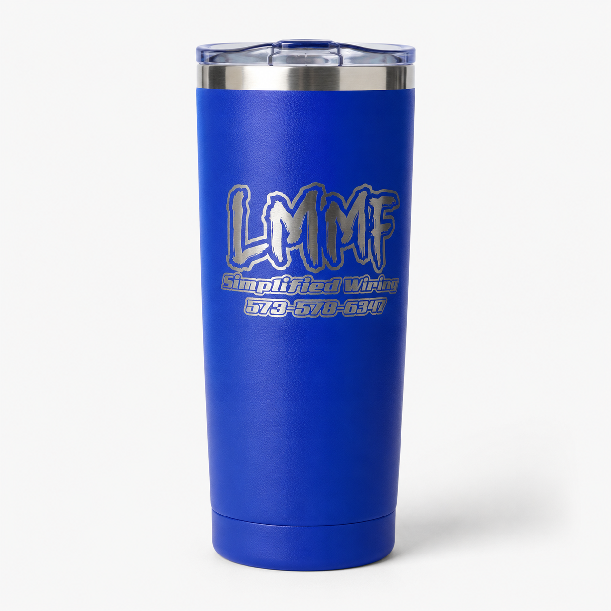 Royal blue 20 oz tumbler with laser-engraved LMMF Simplified Wiring logo