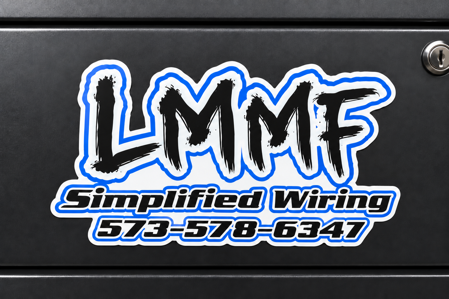 LMMF Simplified Wiring die-cut decal with phone number 573-578-6347