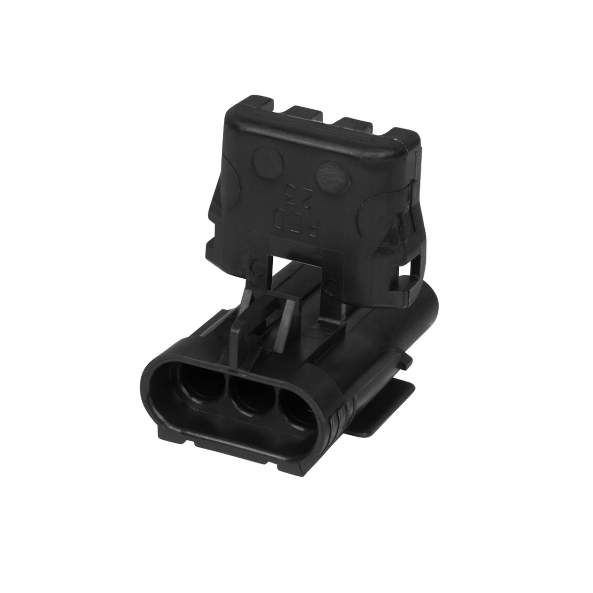 Aptiv/Delphi 12020827 Weather Pack Black 3-Way Male Connector on white background