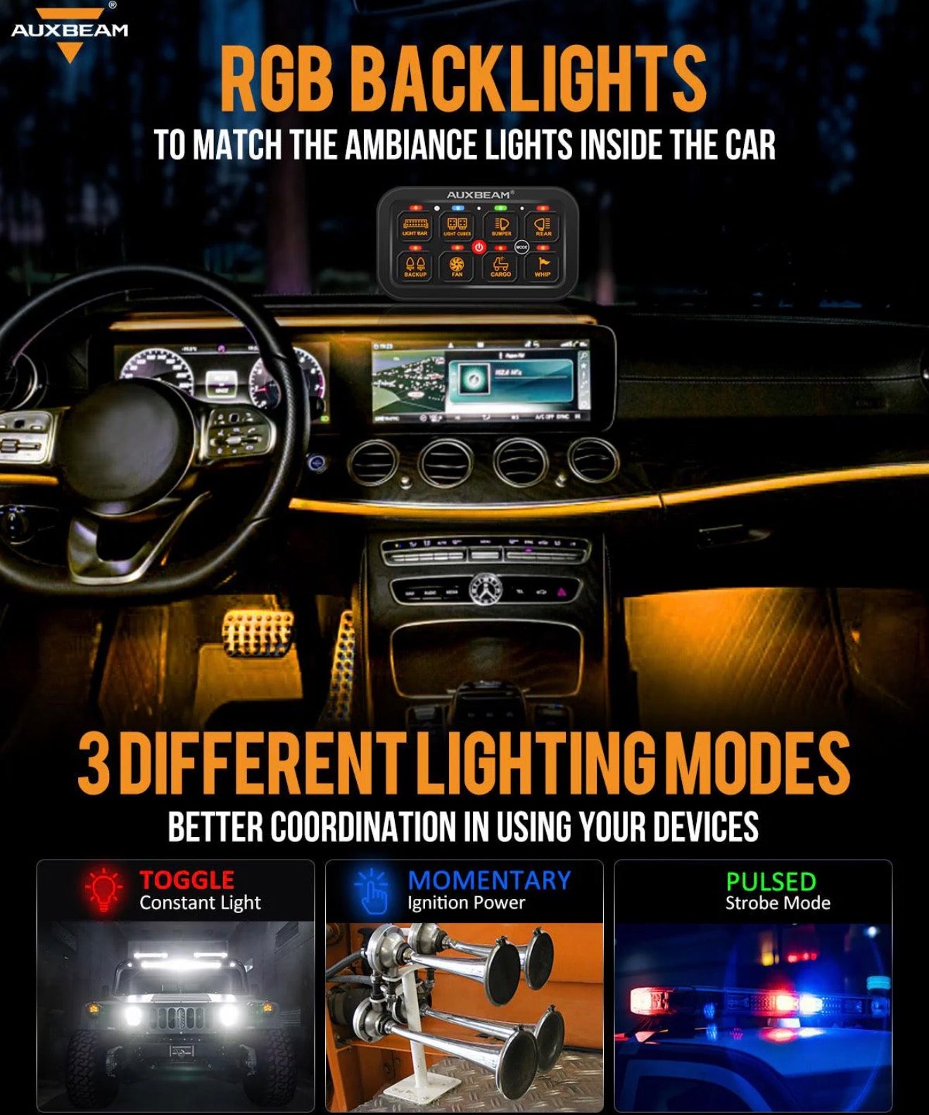 AUXBEAM RA80 switch panel RGB Colors
