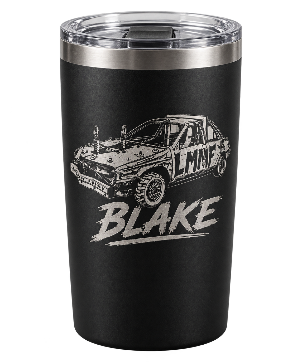 Example only: black 20 oz tumbler with a silver engraved-look Blake derby car design
