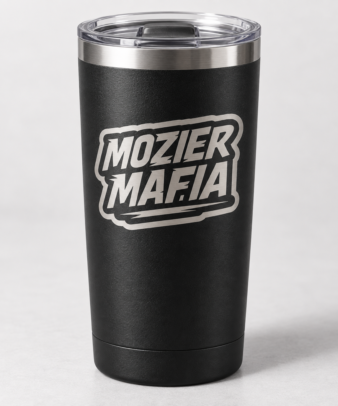 Example only: black 20 oz tumbler with a silver engraved-look Mozier Mafia logo