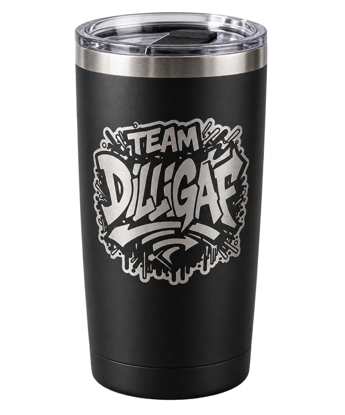 Example only: black 20 oz tumbler with a silver engraved-look Team DILLAGAF logo