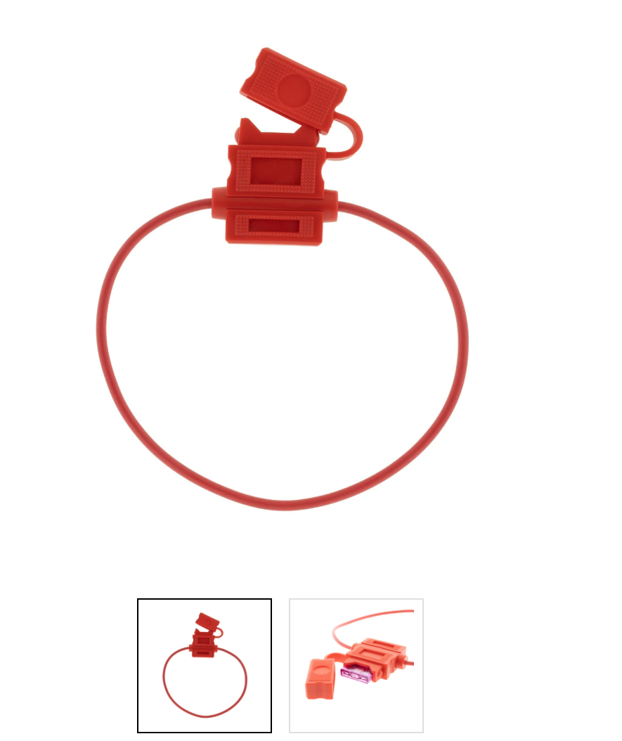 Red inline blade fuse holder with protective cover and wire loop