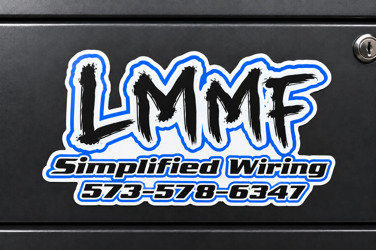 LMMF Simplified Wiring die-cut decal with phone number 573-578-6347