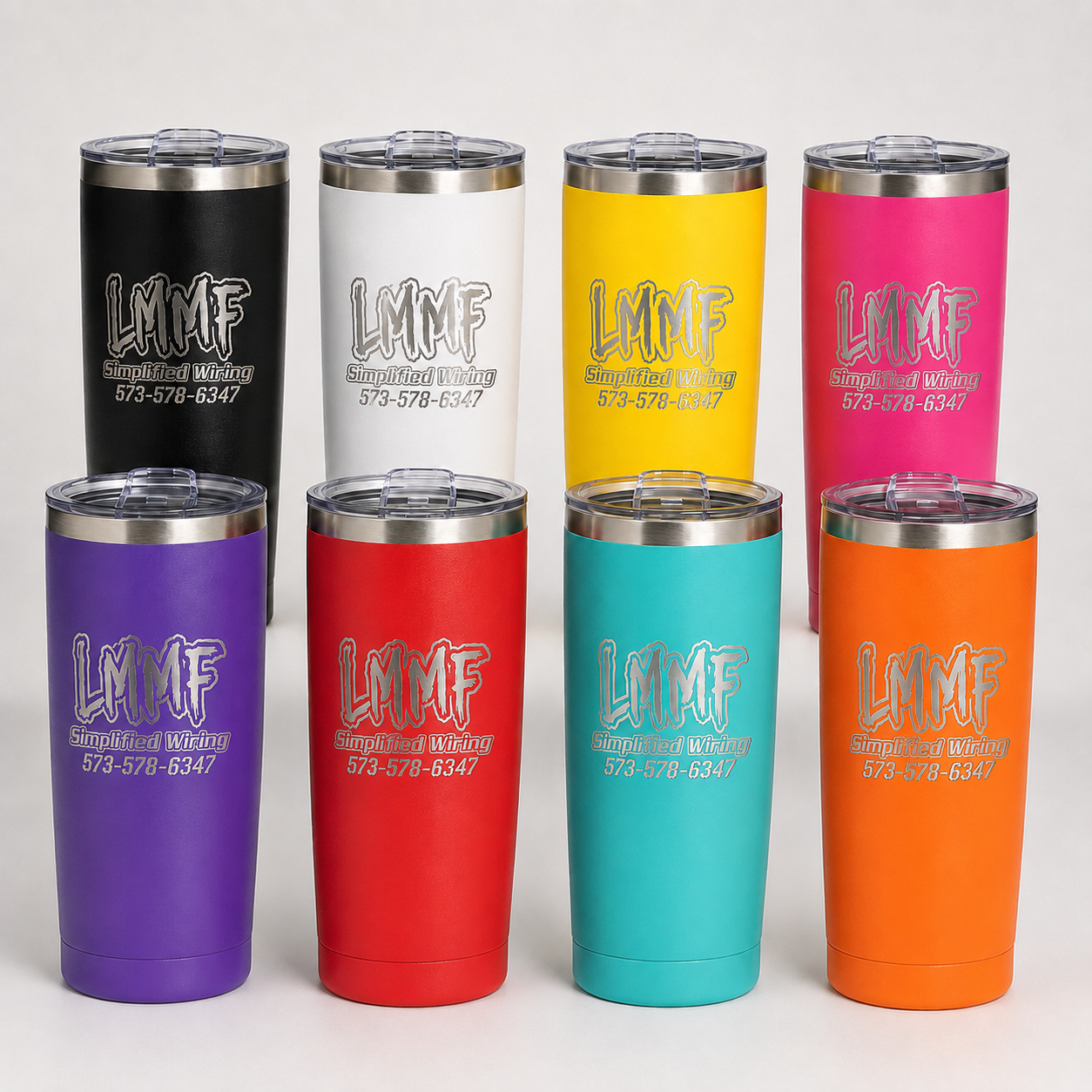 LMMF laser-engraved 20 oz tumblers in black, white, yellow, pink, purple, red, turquoise, and orange